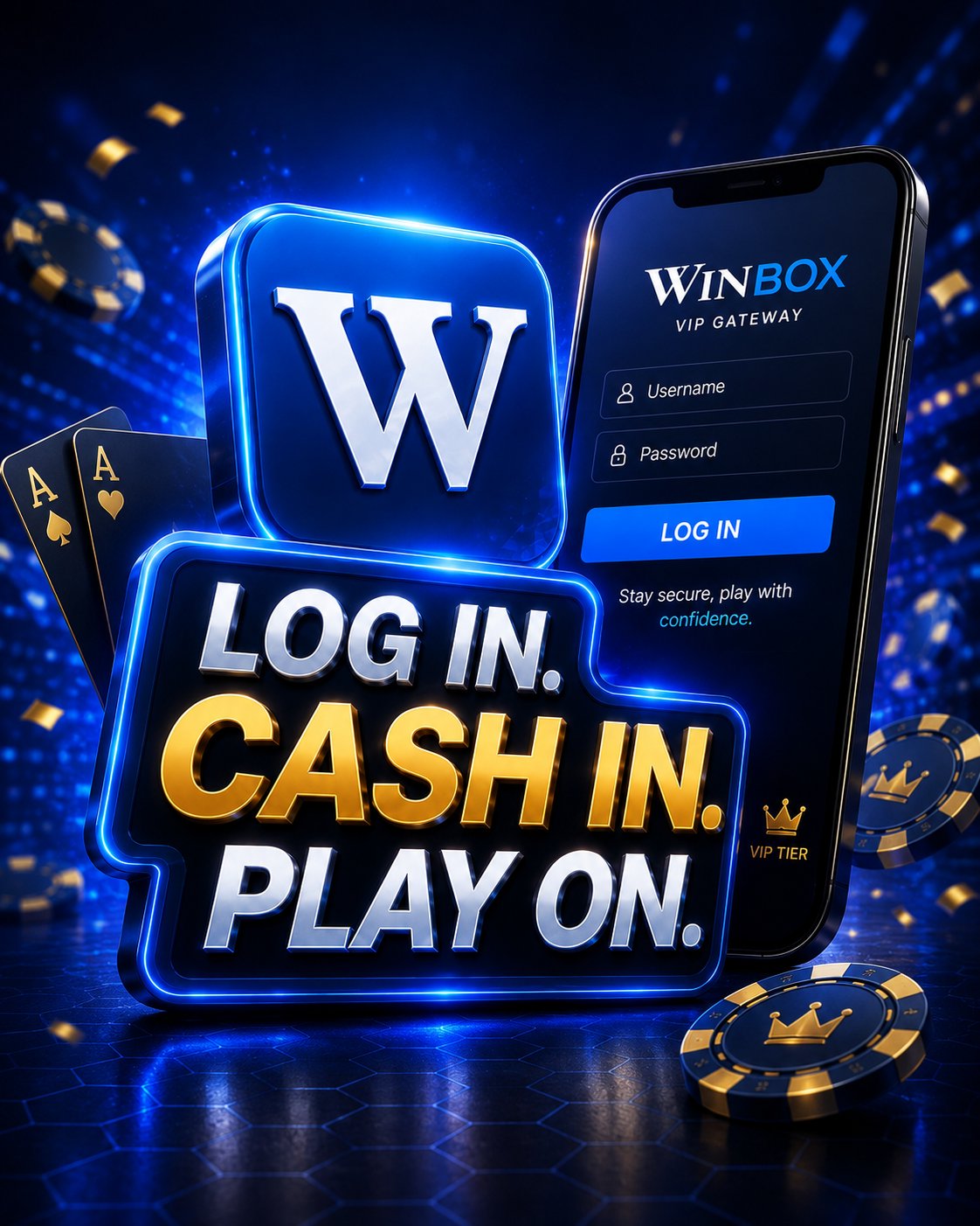 Winbox VIP login — Log In, Cash In, Play On. Phone showing the WINBOX VIP Gateway login screen with username and password fields, next to the Winbox W mark and casino chips