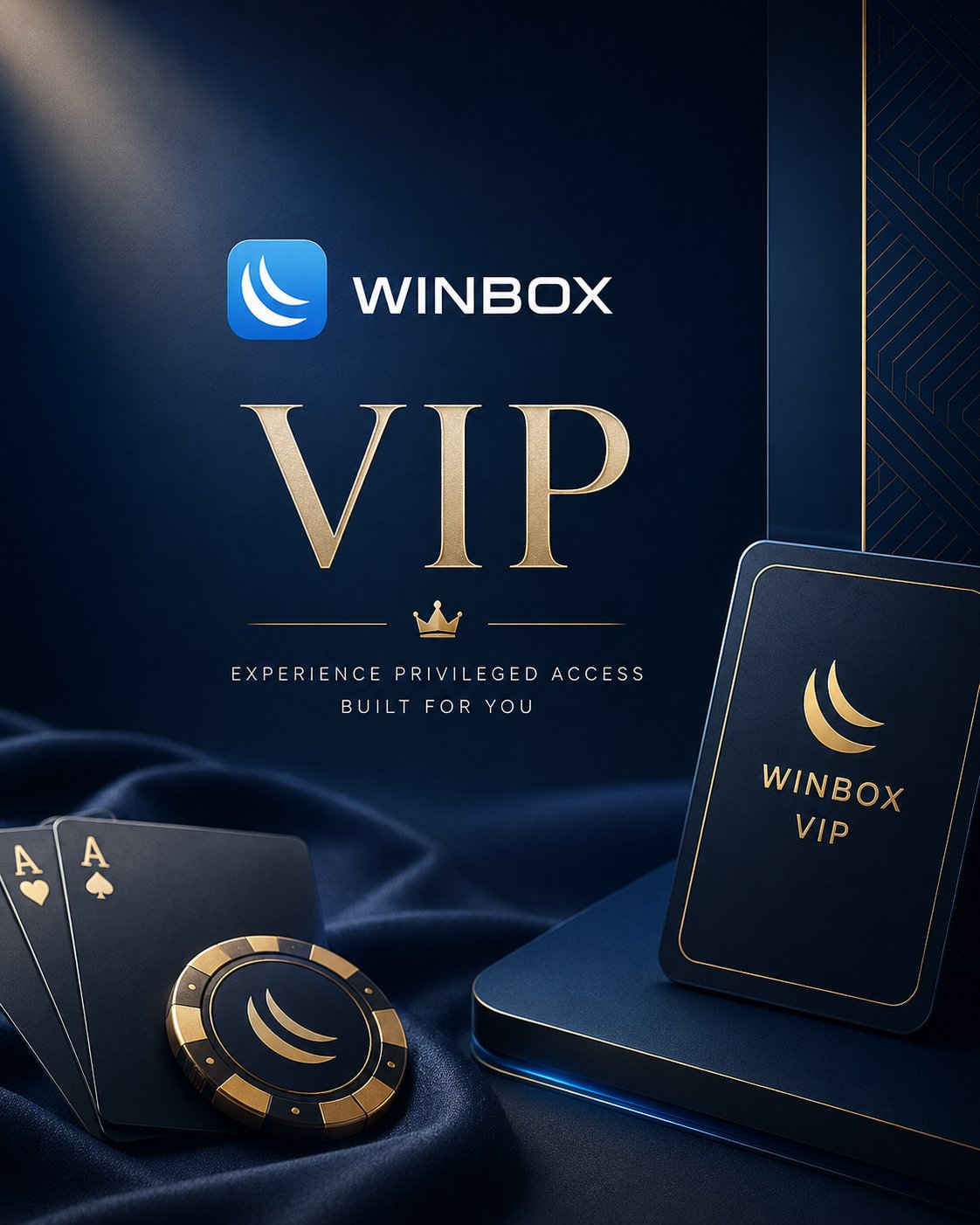 Winbox VIP — Experience Privileged Access Built For You. A gold-embossed WINBOX VIP membership card beside poker cards and a chip on dark velvet